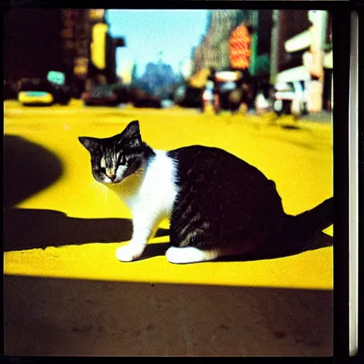 Image similar to wide-shot low-angle cat's eyesight photo of banana at the street in New York, polaroid photo, by Andy Warhol, signed