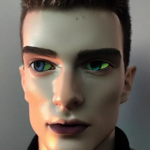 Image similar to “a realistic detailed photo of a guy who is an attractive humanoid who is half robot and half humanoid, who is a male android, Coach Shawn Flaherty, shiny skin, posing like a statue, blank stare, different eye colors, on display, sparks coming out from his body”