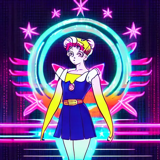 Image similar to portrait of sailor moon with arm tattoos, in the style of cyberpunk on the background of neon signs, symmetrical, single person