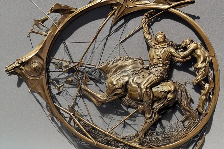 Image similar to sagittarius astrological sign sculpture in bronze by stanisław szukalski and wadim kashin, highly detailed, 3 d, star chart overlay