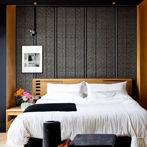 Image similar to bedroom, stone, interior design, stylish luxury hotel bedroom design, yakisugi, black vertical slatted timber, textures, feminine, black walls, art, Japanese pottery vase with flowers, kakejiku, seasonal, Japanese influences