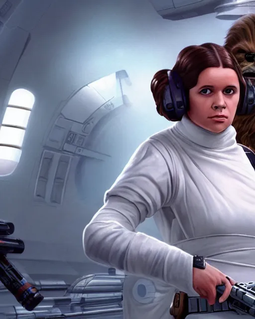Image similar to portrait of young princess leia on the millennium falcon, star wars, gta v, hyper realistic, glamorous pose, ambient lighting, concept art, intricate, hyper detailed, smooth, action, volumetric lighting, george lucas, arney fretag, ralph mcquarrie, octane