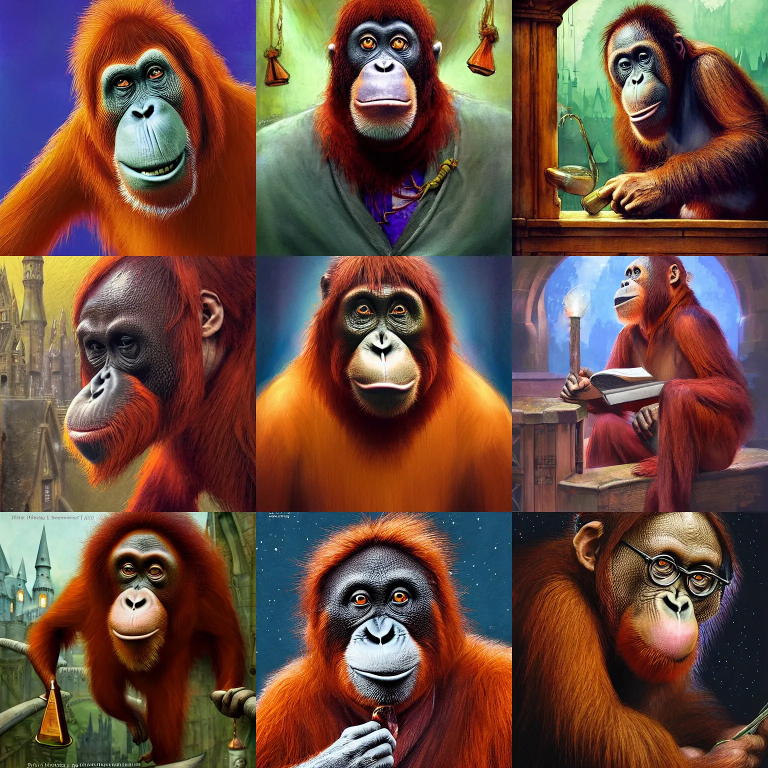 Prompt: Orangutan as a professor of potions in Hogwarts, School of Witchcraft and Wizardry, detailed, hyperrealistic, colorful, cinematic lighting, digital art by Paul Kidby, Jonny Duddle and Jim Kay