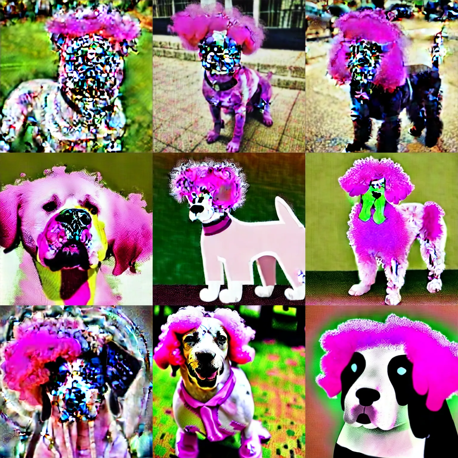 Prompt: a dog with pink afro hair