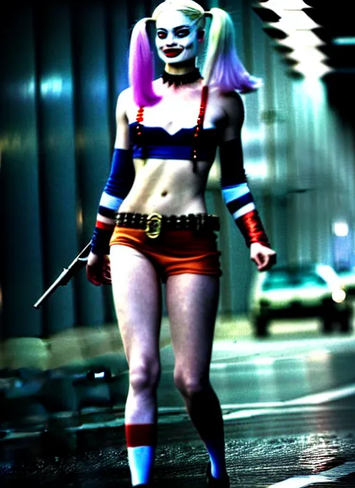 Image similar to 2 8 mm photo of beautiful suicide squad happy margot robbie with long white hair that looks like harley quinn standing on the wet street of dystopian gotham city at night, angry frown, seductive camisole, pinup, glamour fashion pose, watercolor, frank miller, moebius, jim lee, cinematic, ridley scott, lens flare, annie leibowitz