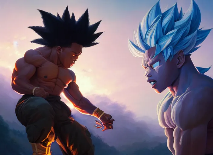 Image similar to highly detailed portrait of saquon barkley going super saiyan, unreal engine, fantasy art by greg rutkowski, loish, rhads, ferdinand knab, makoto shinkai and lois van baarle, ilya kuvshinov, rossdraws, tom bagshaw, global illumination, radiant light, detailed and intricate environment