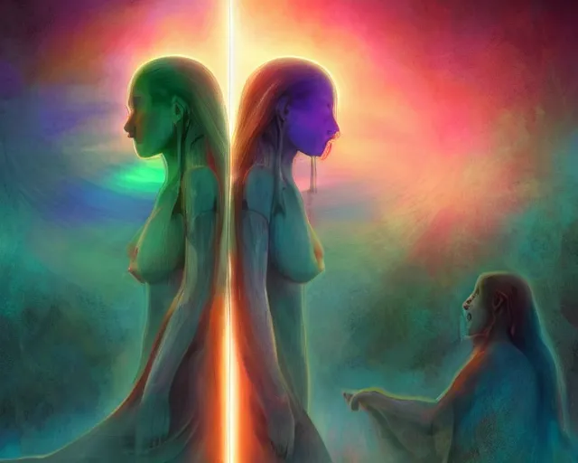 Prompt: digital fusion of the glitched twins, pure joy, dome of wonders, hopeful, flesh and metal, blissful, serene, happy, color theory, singularity, sharp focus, by Kurosawa, by Greg Rutkowski, epic tale of the twin sisters, detailed, composition, medieval, transhumanist dancing, god rays, lens flares, dramatic lighting, volumetric lighting, unreal engine, futuristic, hybrid