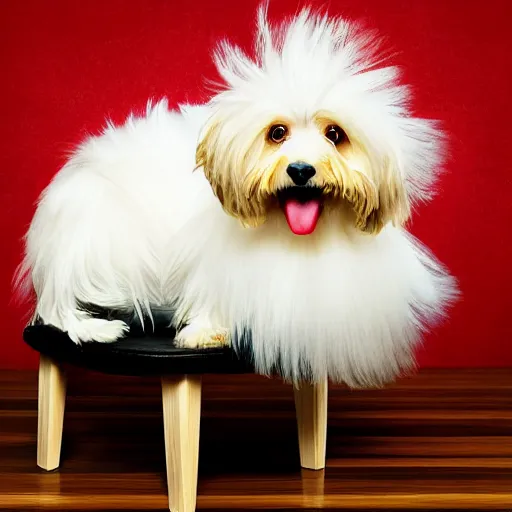 Prompt: a cream - colored havanese dog sitting on top of a wooden bench, wearing a large black sunhat, corset, and furry boots, legs spread, an album cover by david lachapelle, behance, transgressive art, 1 9 9 0 s, made of feathers, full body