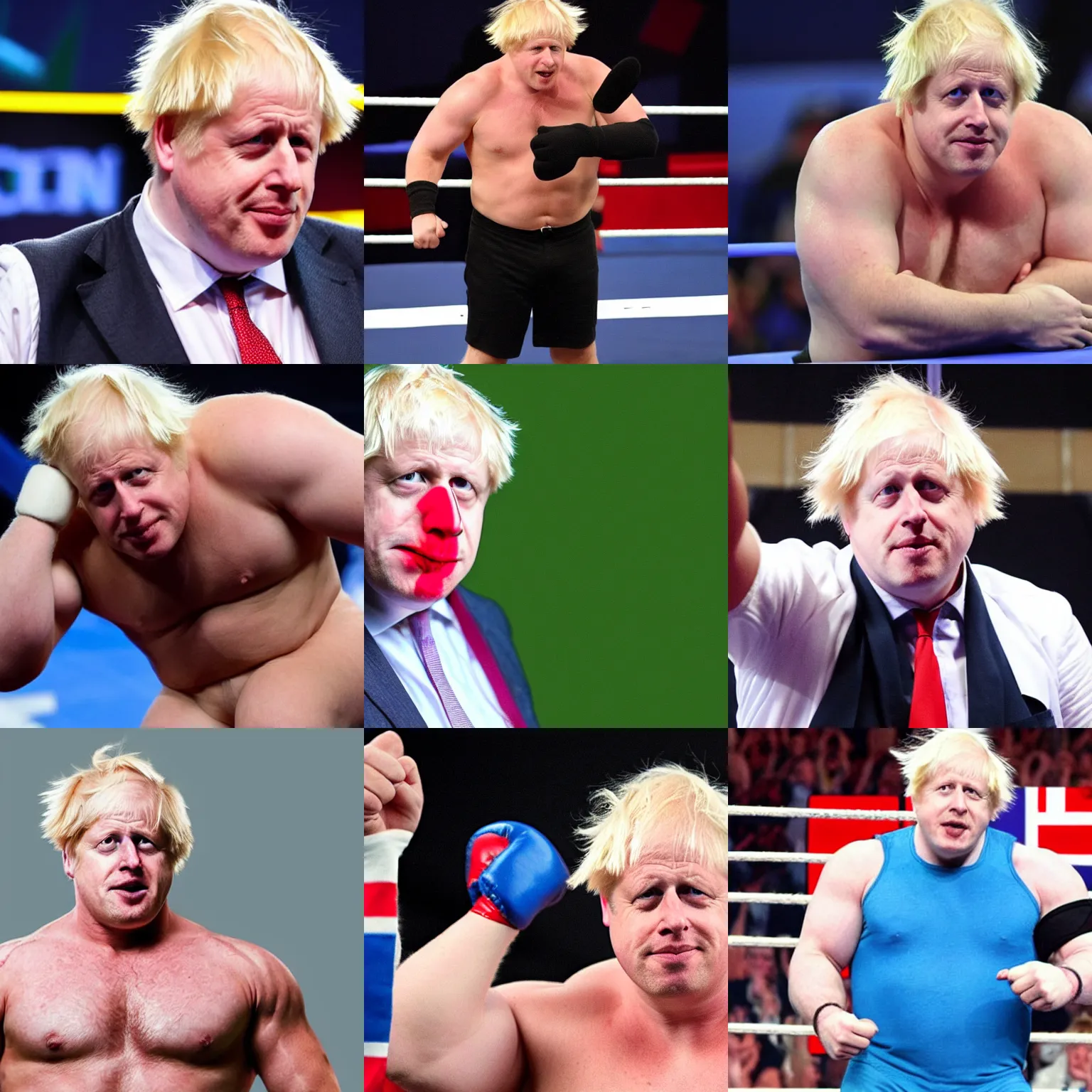 Prompt: boris johnson as a muscular wwe wrestler, covering his face with his hand