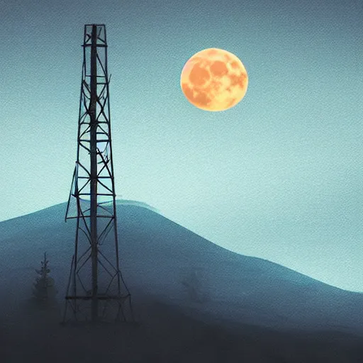 Prompt: Mountain at night, radio tower on top of it with yellow moon behind. Misty landscape, digital art, artstation, 4k high detailed art