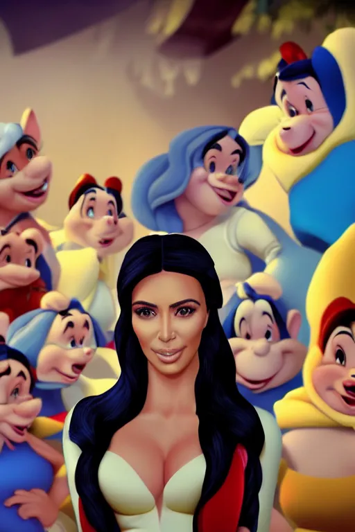 Prompt: film still of kim kardashian as snow white with the seven dwarfs, vibrant high contrast, octane, arney freytag, cinematic, glamorous, backlit, rim lighting, 8k