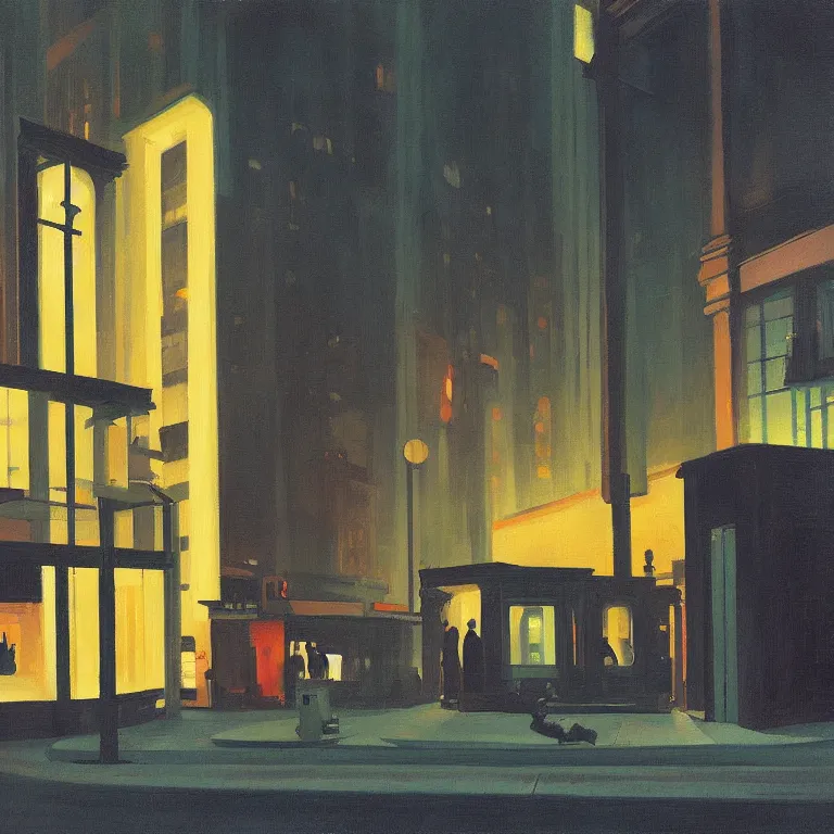 Image similar to dark city all stores cloded, except one, painted by Edward Hopper and James Gilleard, oil painting