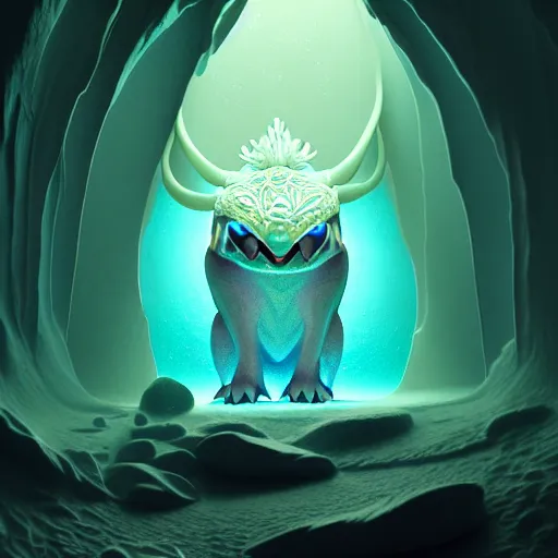 Image similar to ( ice pokemon ) creature creature in a alaska cave, bioluminescent bioluminescent translucent translucent : : by michal karcz, daniel merriam, victo ngai and guillermo del toro : : ornate, dynamic, particulate, intricate, elegant, highly detailed, centered, artstation, smooth, sharp focus, octane render, 3 d