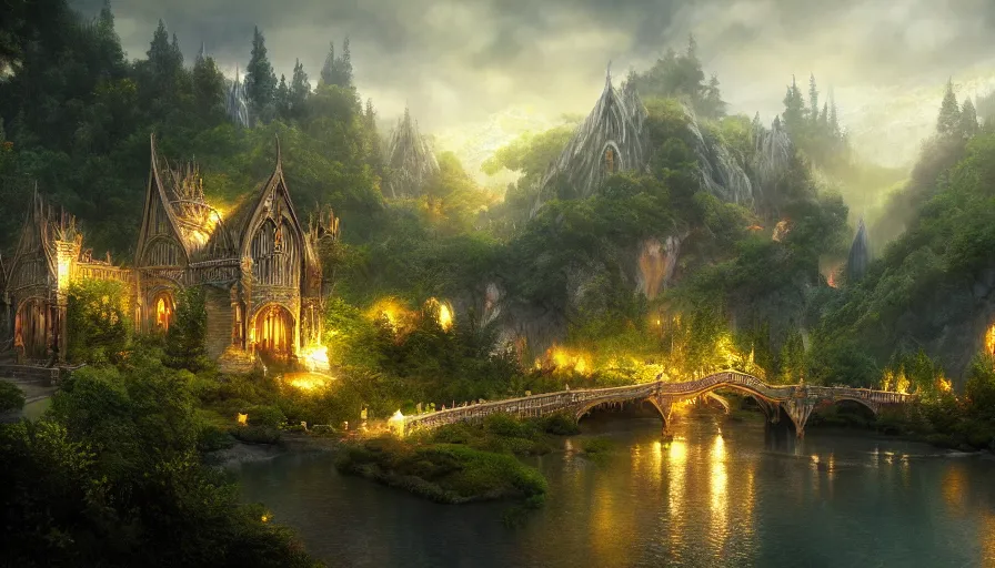 Prompt: Rivendell, the famous elven city, build by Elrond, realistic artwork, artstation, atmospheric lighting