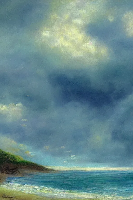 Prompt: digital painting detailed serene ocean mist candy cloudy sky by arthur hughes