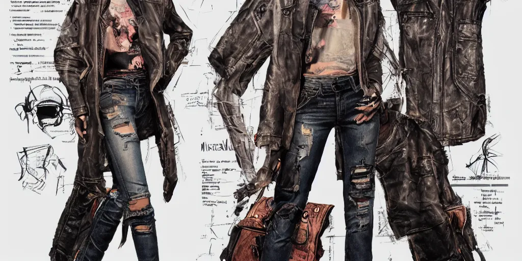 Image similar to halston sage as a tattooed wanderer, wearing scratched and ripped short leather jeans, wearing an aviator jacket with a smiley stamp on its back, character sheet, fine details, props, concept design, contrast, kim jung gi, greg rutkowski, trending on artstation, 8 k, full body, turnaround, front, back, ultra wide angle