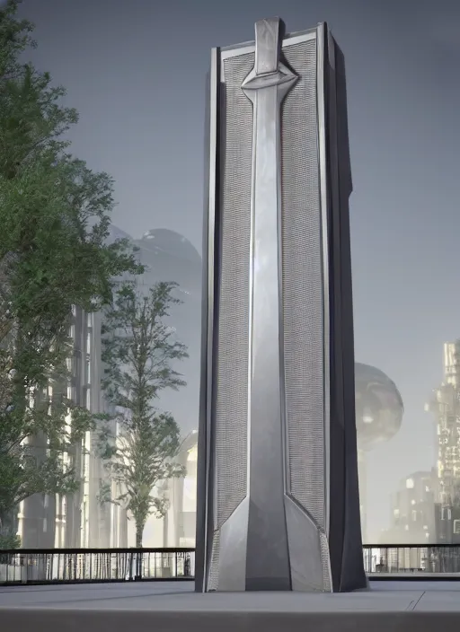 Image similar to highly detailed architecture render of a futuristic metallic monument stele standing in city, archdaily, made in unreal engine 4