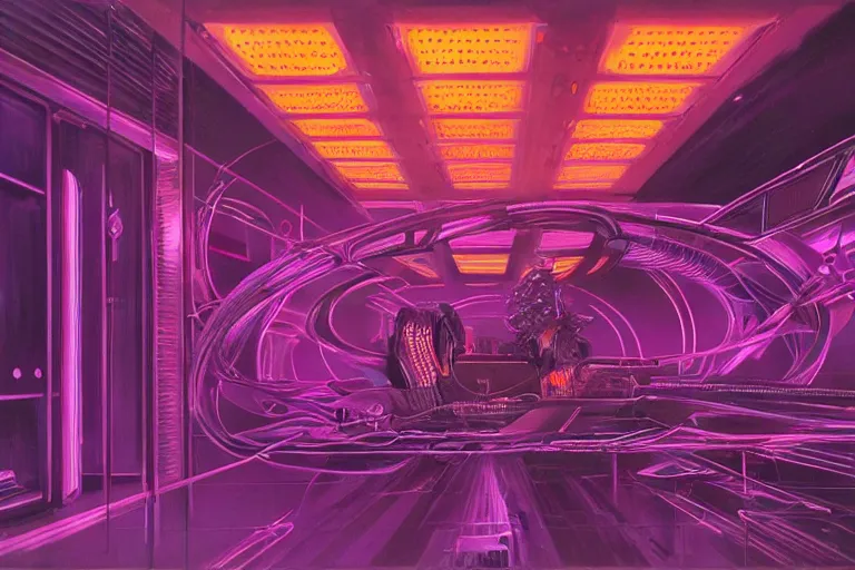 Prompt: A highly detailed rendering bitcoin demand, soft neon purple lighting, reflective surfaces, sci-fi concept art, by Syd Mead and H.R.Giger, highly detailed, oil on canvas