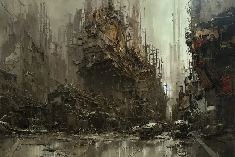 Image similar to a highly detailed chaotic bleak cityscape by denis forkas