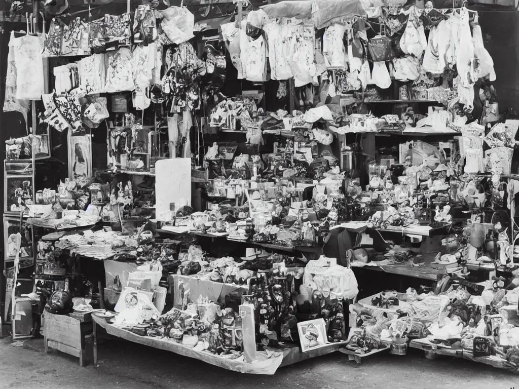 Image similar to a photograph of a market stall, every item is an exploding head. effortless beauty in the style of man ray