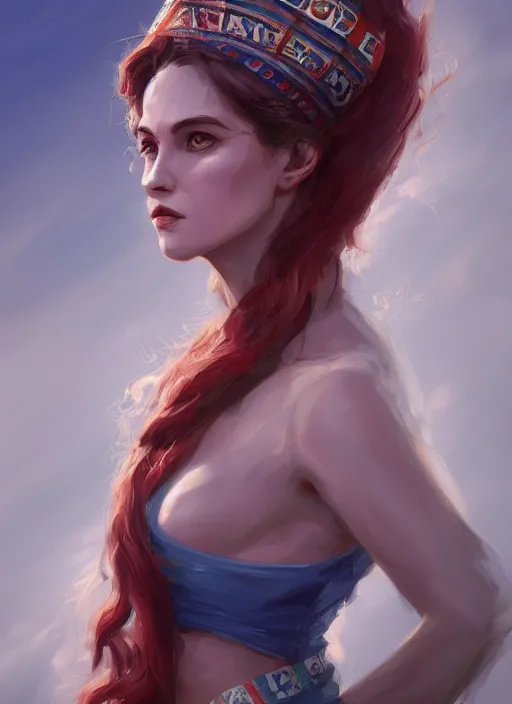 Prompt: a portrait of a woman that is a personification of argentinian stereotypes wearing argentina flag, latino american, intricate, highly detailed, digital painting, artstation, concept art, smooth, sharp focus, illustration, art by Charlie Bowater and Gustave Baumann, matte painting