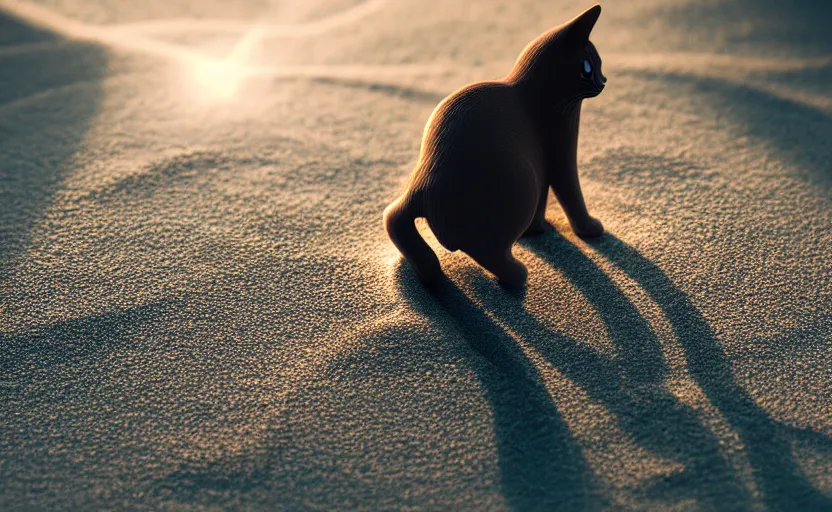 Prompt: a cat playing with sand. daylight. sunlight. lens flare. light fixtures. 8K. detailed. photorealism. artstation. 25mm f/1.7 ASPH Lens. ultra realistic