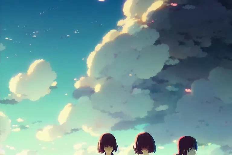 Image similar to group of anime girls kawai separated on the clouds, style of makoto shinkai studio ghibli, james gilleard greg rutkowski chiho aoshima