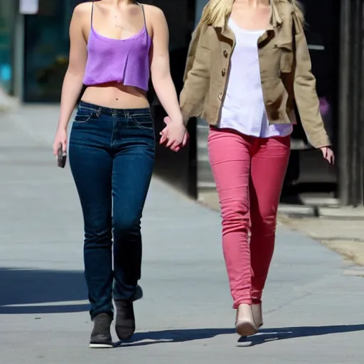 Image similar to Jennifer Lawrence and Jennifer Lawrence walking down the street, holding hands, smiling, soft focus, medium shot,