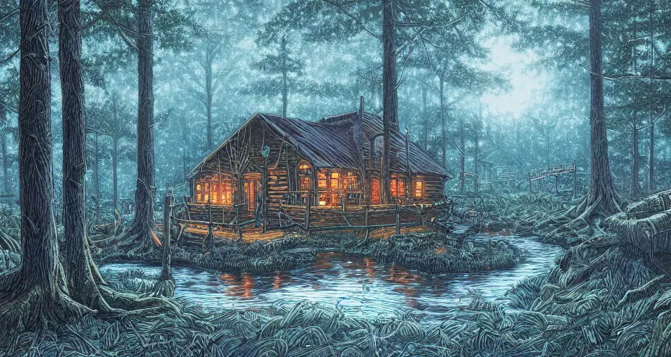 Image similar to A cozy cabin in a dense and dark enchanted forest with a swamp, by Dan mumford