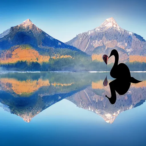 Image similar to photo of two black swans swimming in a beautiful reflective mountain lake, touching heads, forming a heart with their necks, a colorful hot air balloon is flying above the swans, hot air balloon, intricate, 8k highly professionally detailed, HDR, CGsociety