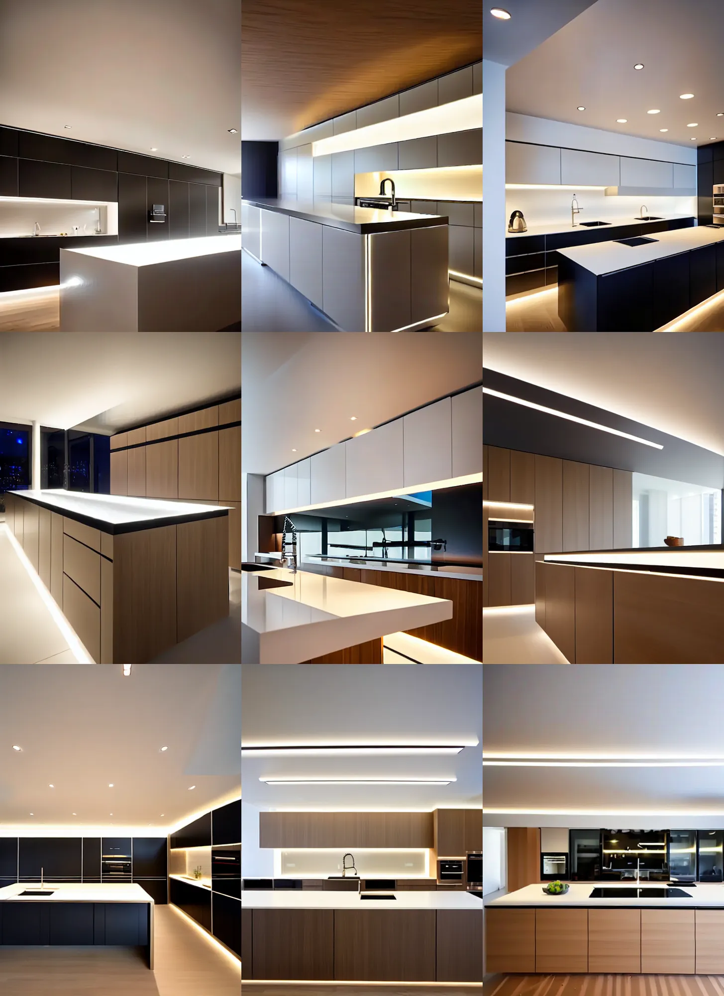 Prompt: a high - tech modern lustrous fashion ( kitchen ) designed by modern architecture, oak, glass, brushed aluminum, tasteful oled strip accent lighting