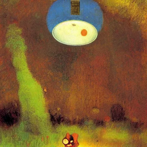 Prompt: ufo in the jungle y odilon redon