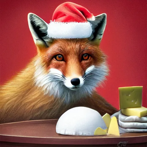 Image similar to perfectly-centered-Portrait-full-shot of a fox, wearing a santa hat, sitting next to a pile of cheese, intricate, elegant, super highly detailed, professional digital painting, artstation, concept art, smooth, sharp focus, no blur, no dof, extreme illustration, Unreal Engine 5, 8K, art by artgerm and greg rutkowski and alphonse mucha and loish and WLO