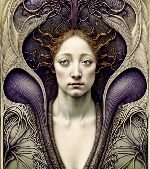 Image similar to beautiful young orchidwoman detailed realistic porcelain face portrait by jean delville, gustave dore, iris van herpen and marco mazzoni, art forms of nature by ernst haeckel, art nouveau, symbolist, visionary, gothic, neo - gothic, pre - raphaelite, fractal lace, intricate alien botanical biodiversity, surreality, hyperdetailed ultrasharp octane render