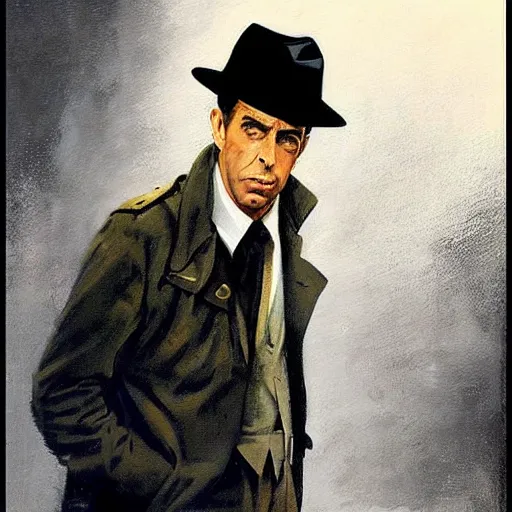 Prompt: “painting of Humphrey bogart as 1940s private eye, in trench coat and hat, noir atmosphere, by Robert McGinnis”