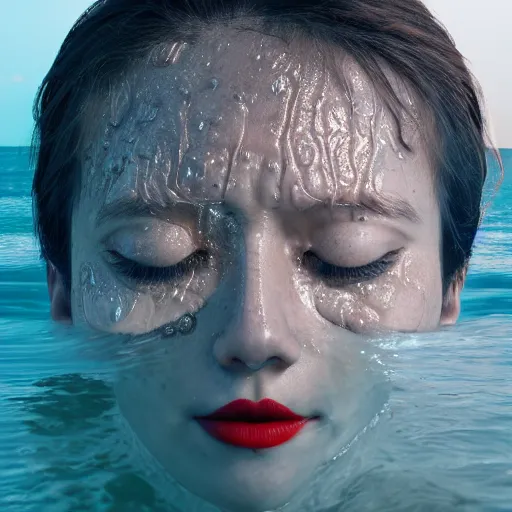 Image similar to a water manipulation in the shape of a human head, on the ocean water, cinematic, in the style of johnson tsang, long shot, hyper detailed, hyper realistic, ray tracing, 8 k resolution, sharp focus, realistic water, award winning