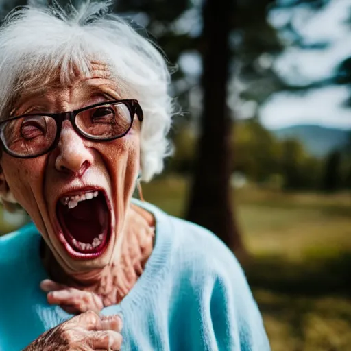 Image similar to elderly woman screaming at an alien, canon eos r 3, f / 1. 4, iso 2 0 0, 1 / 1 6 0 s, 8 k, raw, unedited, symmetrical balance, wide angle