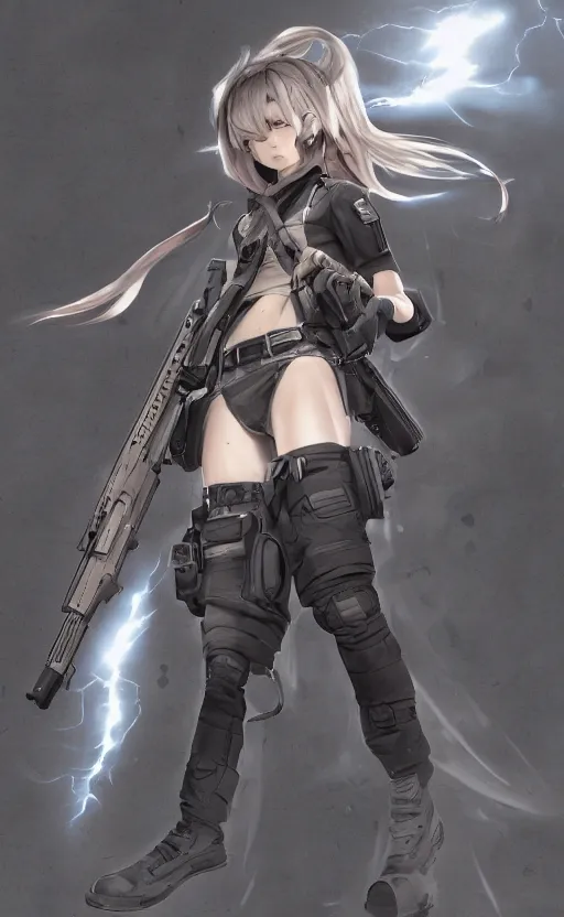 Prompt: highly detailed, high resolution, character design art, stunning, volumetric lightning, realistic guns, girls frontline style, matte, sharp focus, 130mm, illustration, artstation, by yusuke kozaki, professional result, realistic human anatomy, simple design, realistic military gear, realistic body joints