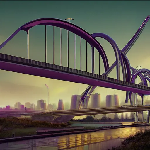 Image similar to futuristic provencher bridge in winnipeg, david a. hardy, victor einrich, gregory crewdson, ian mcque, mike winkelmann, simon stalenhag,