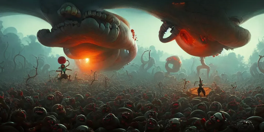 Image similar to samuel jacksons face on spongebobs body battling a horde of clown faced aliens, digital art, landscape, fantasy art, octane render, unreal engine, high detail, very realistic, by greg rutkowski. by james gurney