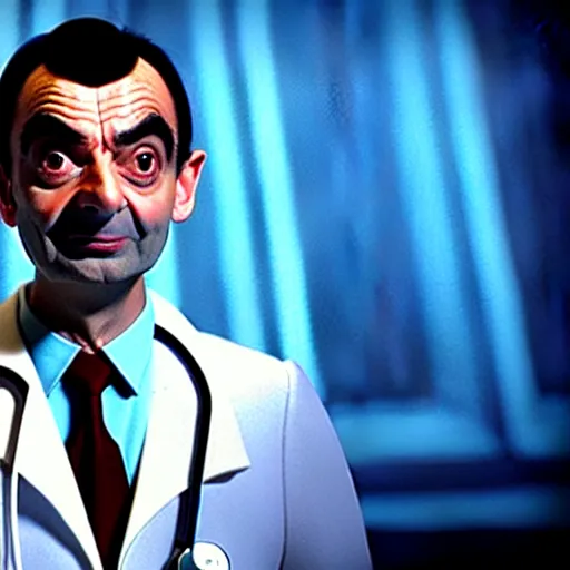 Prompt: mr. bean as doctor manhattan. movie still. cinematic lighting.