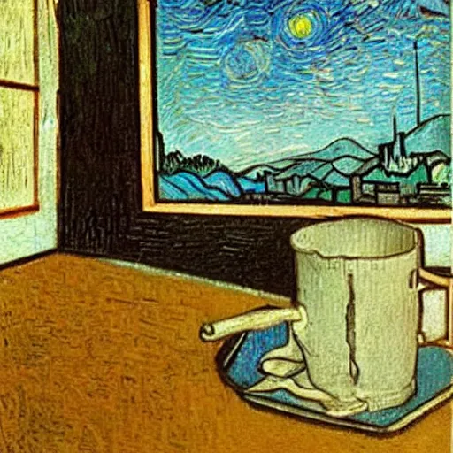 Prompt: a pencil with a broken lead, by leonardo da vinci. a cup of coffee on a table, by vincent van gogh. a painting of a cityscape, by piet mondrian.