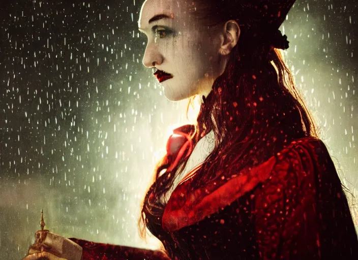 Prompt: portrait of Lady Dracula in victorian suit, atmospheric lighting, painted, intricate, London Dockyard, volumetric lighting, beautiful, light rain, moon light, sharp focus, ultra detailed, by Leesha Hannigan, Ross Tran, Thierry Doizon, Kai Carpenter, Ignacio Fernández Ríos, Yasumoto Oka,