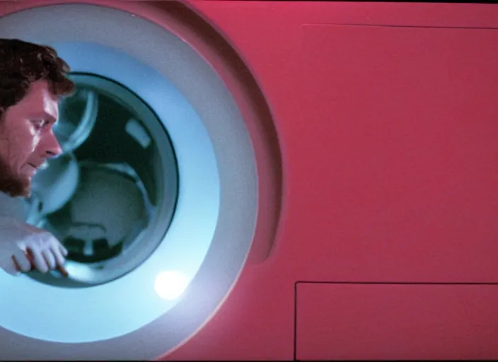 Image similar to film still of HAL from 2001 A Space Odyssey as a washing machine with a glowing red light inside it