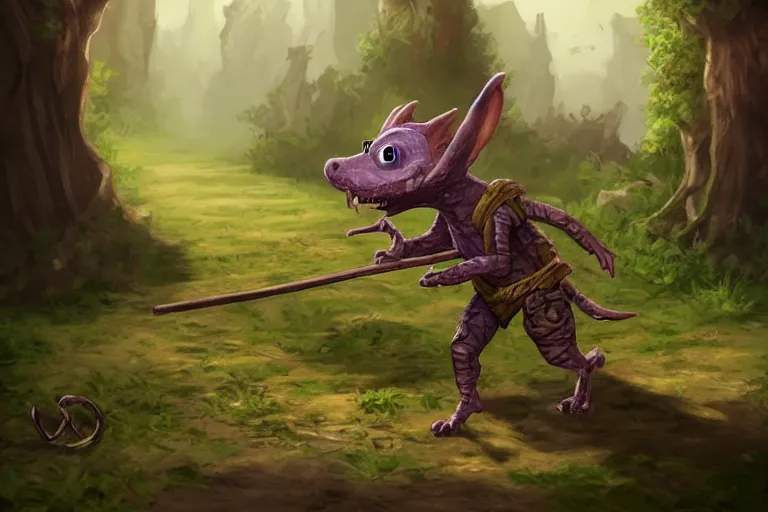 Image similar to a lone d & d kobold, traveling long dirt road, carrying a bindle on a stick, fantasy setting, 4 k, digital art 🎨🖌