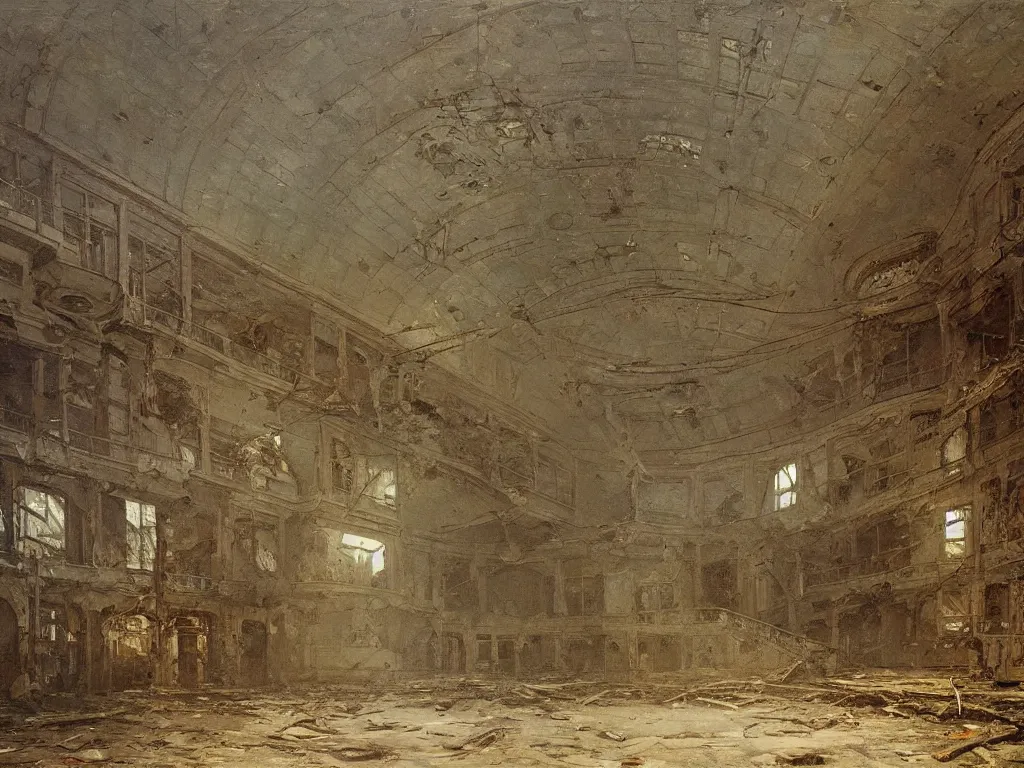 Prompt: Interior of an abandoned mall, highly detailed, oil on canvas, by Ivan Shishkin and Aivazovsky