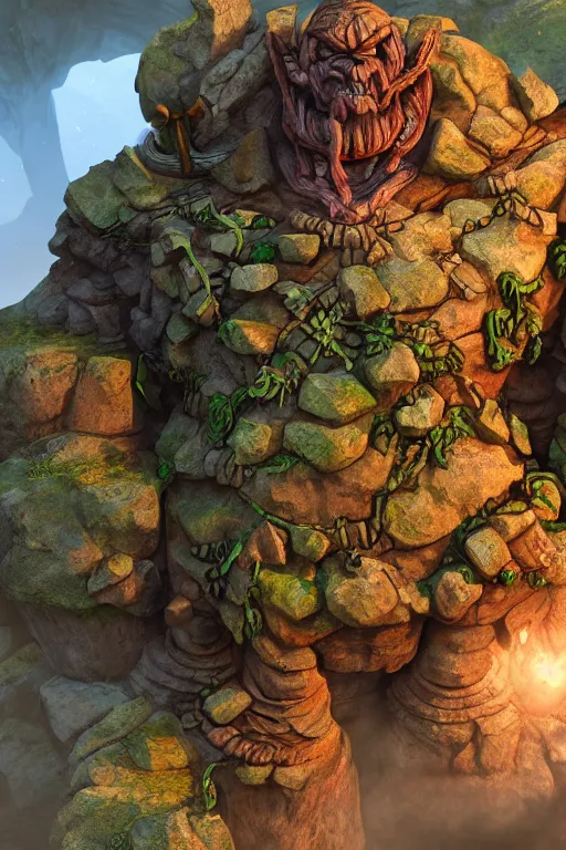 Image similar to zelda fantasy art giant golem troll wood rock greeble gemstone, global illumination ray tracing hdr fanart arstation by sung choi and eric pfeiffer and gabriel garza and casper konefal