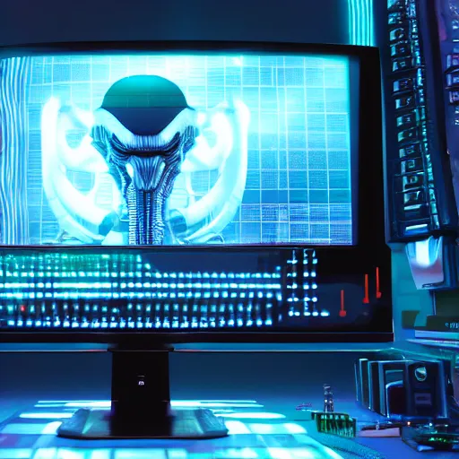 Image similar to a giantic retrofuturistic monitor made by elephant heads, a digital music sheet displayed in the screen, futuristic, cyberpunk, xenomorphic, biomechanical, posthuman, liminal, realistic, ultra detailed, 8 k, cycles render engine, chromatic aberration, dof