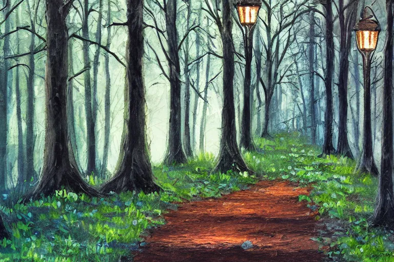 Prompt: vintage iron lamp post in the forest in the spring. Cinematic. Intricately detailed acrylic painting