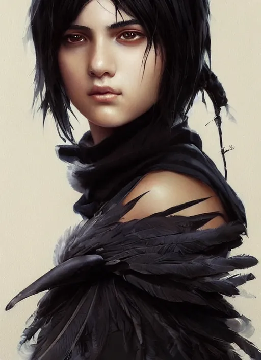 Image similar to a teenage girl with very short black hair and a huge cloak made of black raven feathers. beautiful highly detailed face. beautiful painting by artgerm and greg rutkowski and raymond swanland